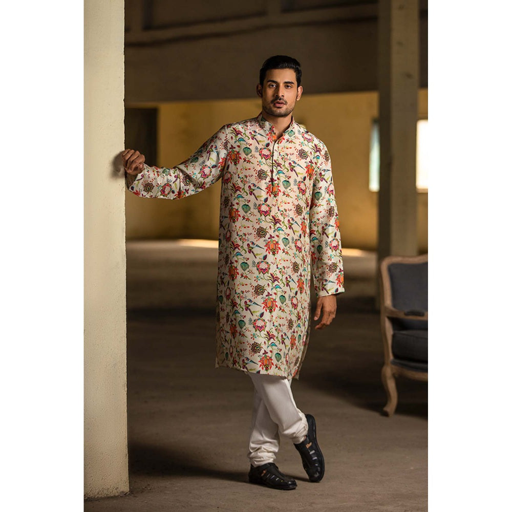 PS Men by Payal Singhal Khaki Kurta with Off White Churidar - Set of 2