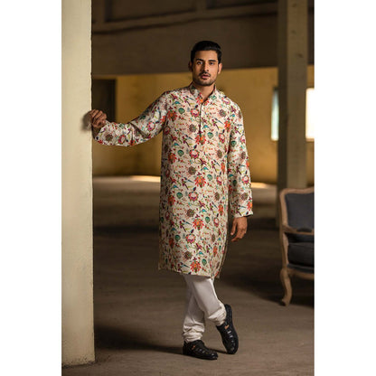 PS Men by Payal Singhal Khaki Kurta with Off White Churidar - Set of 2