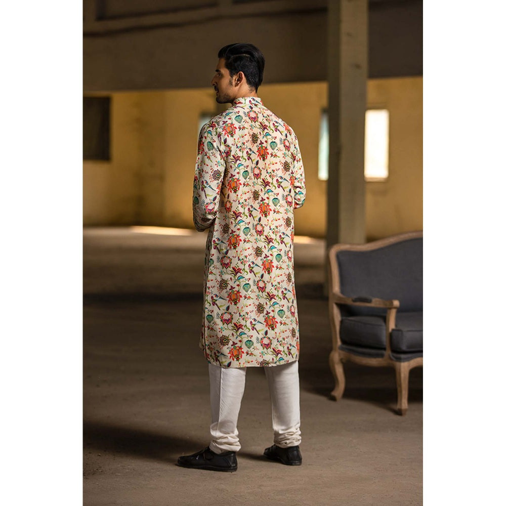 PS Men by Payal Singhal Khaki Kurta with Off White Churidar - Set of 2