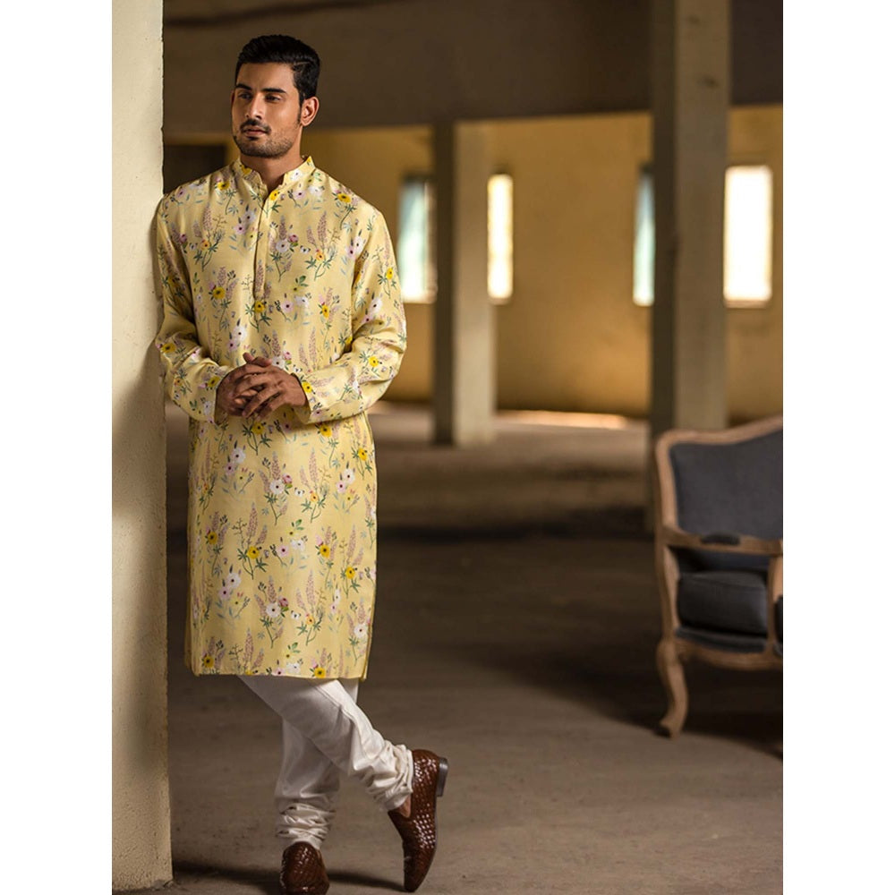 PS Men by Payal Singhal Yellow Kurta with Off White Churidar - Set of 2