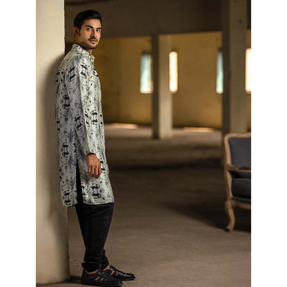 PS Men by Payal Singhal Stone Printed Kurta with Black Churidar - Set of 2