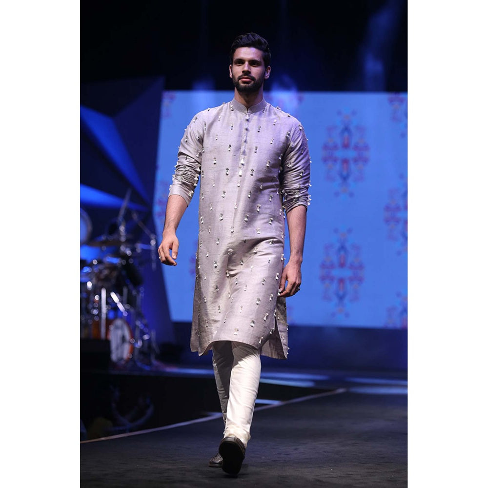 PS Men by Payal Singhal Arsalan Grey Kurta with Off-white churidar (Set of 2)