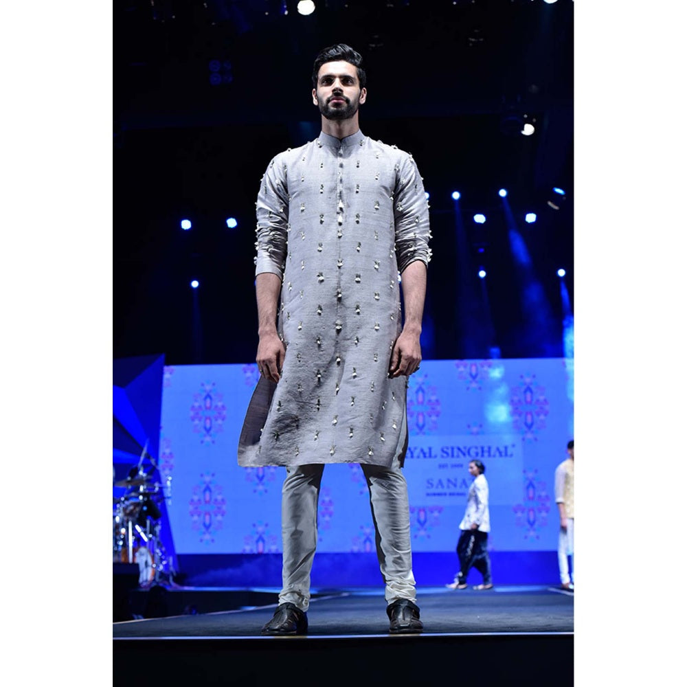 PS Men by Payal Singhal Arsalan Grey Kurta with Off-white churidar (Set of 2)