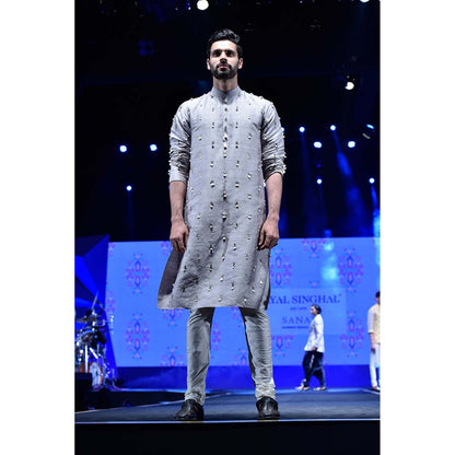 PS Men by Payal Singhal Arsalan Grey Kurta with Off-white churidar (Set of 2)