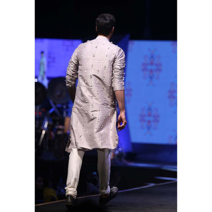 PS Men by Payal Singhal Arsalan Grey Kurta with Off-white churidar (Set of 2)