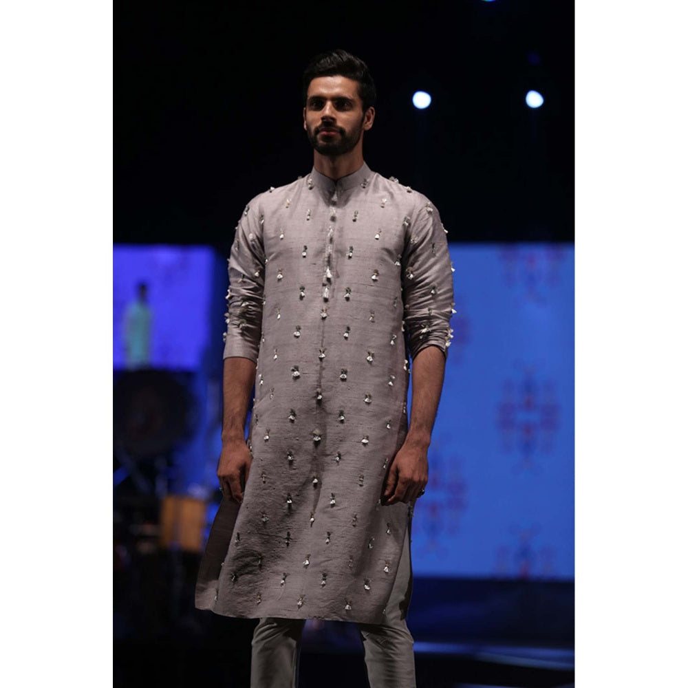PS Men by Payal Singhal Arsalan Grey Kurta with Off-white churidar (Set of 2)