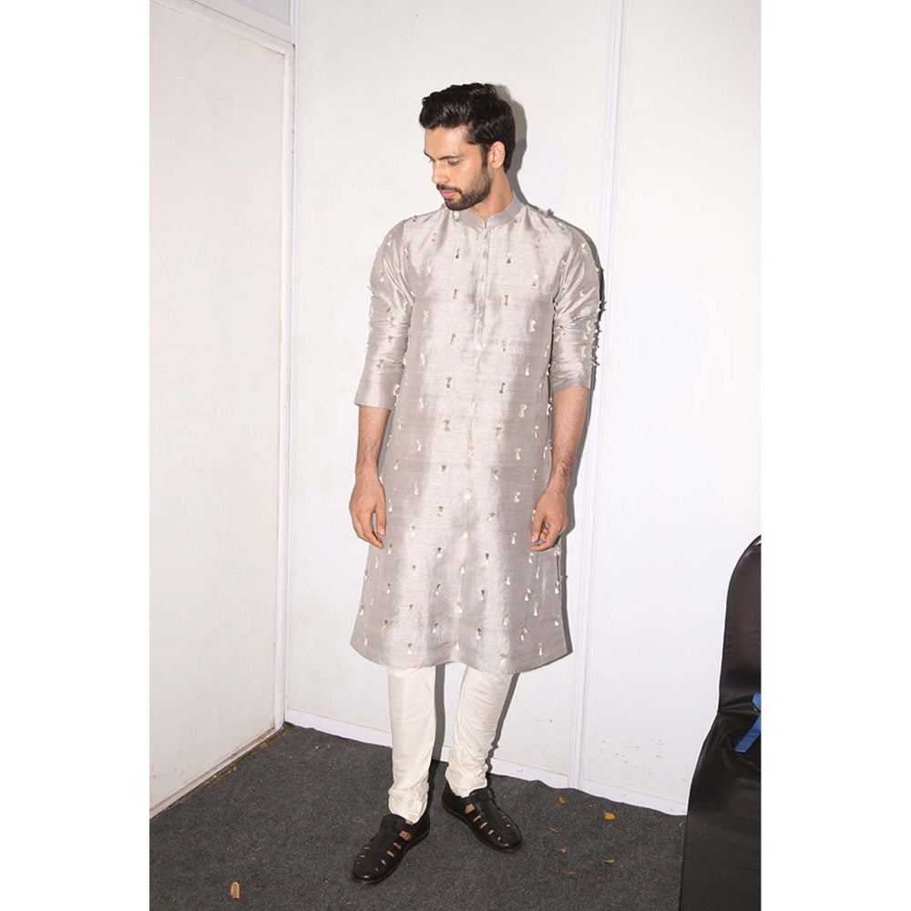 PS Men by Payal Singhal Arsalan Grey Kurta with Off-white churidar (Set of 2)