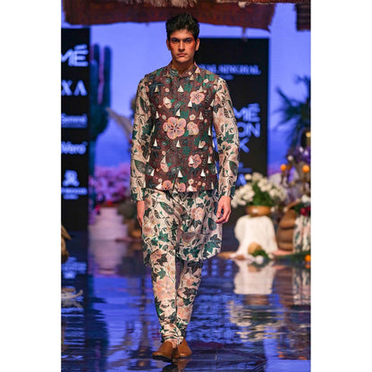 PS Men by Payal Singhal Tamer Brown Bandi with White Kurta & Churidar-Set of 3