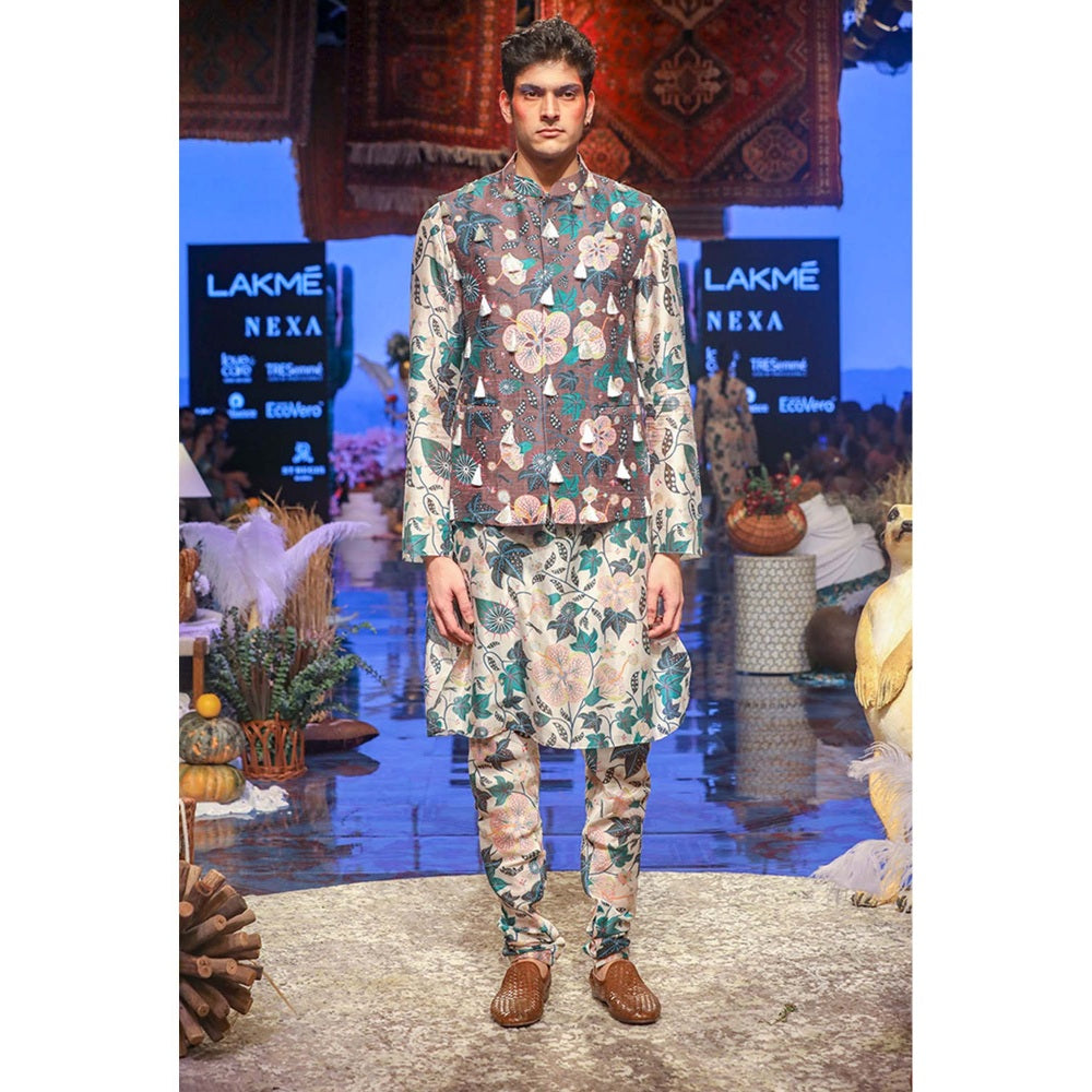 PS Men by Payal Singhal Tamer Brown Bandi with White Kurta & Churidar-Set of 3