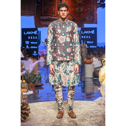 PS Men by Payal Singhal Tamer Brown Bandi with White Kurta & Churidar-Set of 3