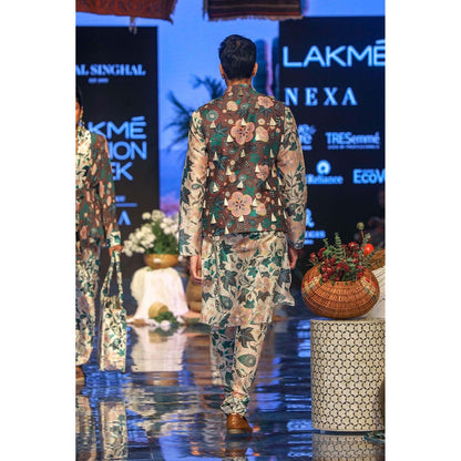 PS Men by Payal Singhal Tamer Brown Bandi with White Kurta & Churidar-Set of 3