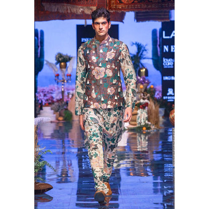 PS Men by Payal Singhal Tamer Brown Bandi with White Kurta & Churidar-Set of 3