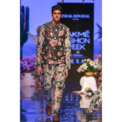 PS Men by Payal Singhal Tamer Brown Bandi with White Kurta & Churidar-Set of 3