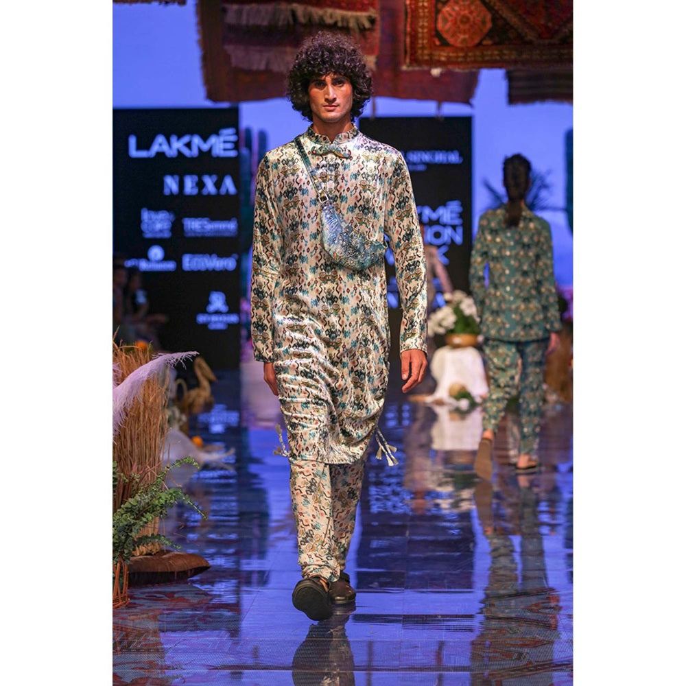 PS Men by Payal Singhal Aziz White Printed Velvet Kurta and Silkmul Churidar - Set of 2