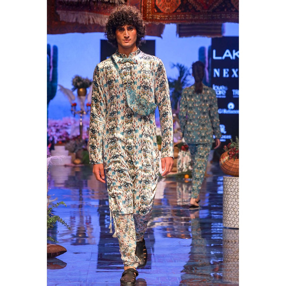 PS Men by Payal Singhal Aziz White Printed Velvet Kurta and Silkmul Churidar - Set of 2