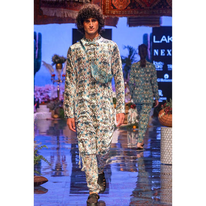 PS Men by Payal Singhal Aziz White Printed Velvet Kurta and Silkmul Churidar - Set of 2