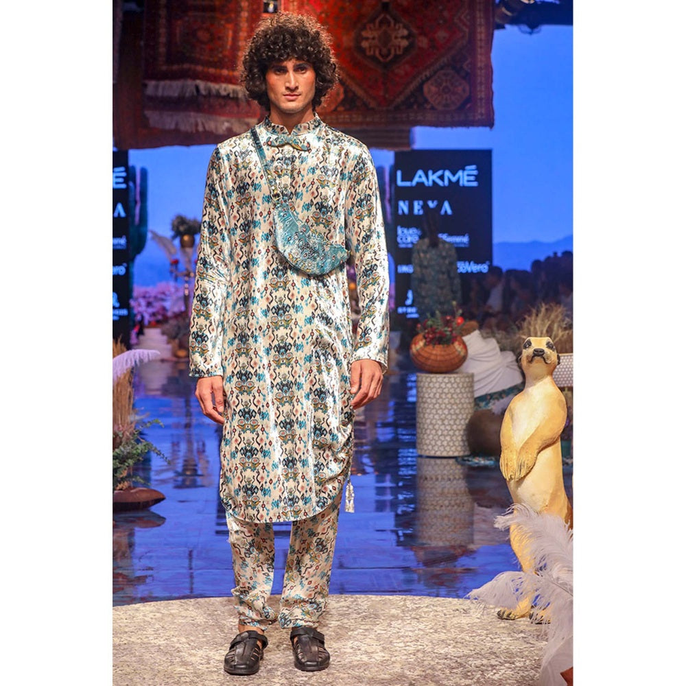 PS Men by Payal Singhal Aziz White Printed Velvet Kurta and Silkmul Churidar - Set of 2