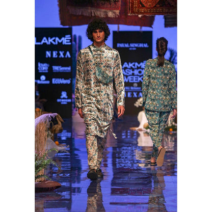 PS Men by Payal Singhal Aziz White Printed Velvet Kurta and Silkmul Churidar - Set of 2