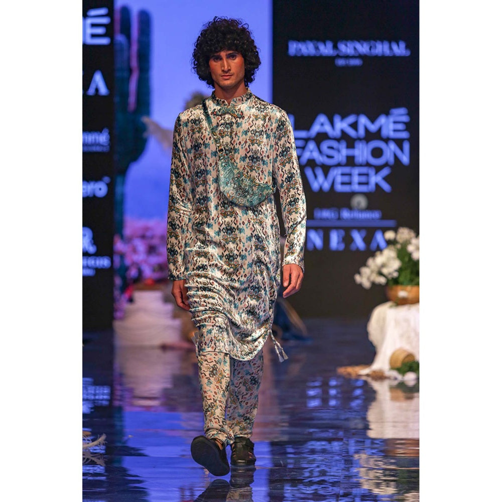 PS Men by Payal Singhal Aziz White Printed Velvet Kurta and Silkmul Churidar - Set of 2