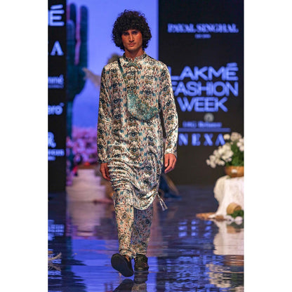 PS Men by Payal Singhal Aziz White Printed Velvet Kurta and Silkmul Churidar - Set of 2