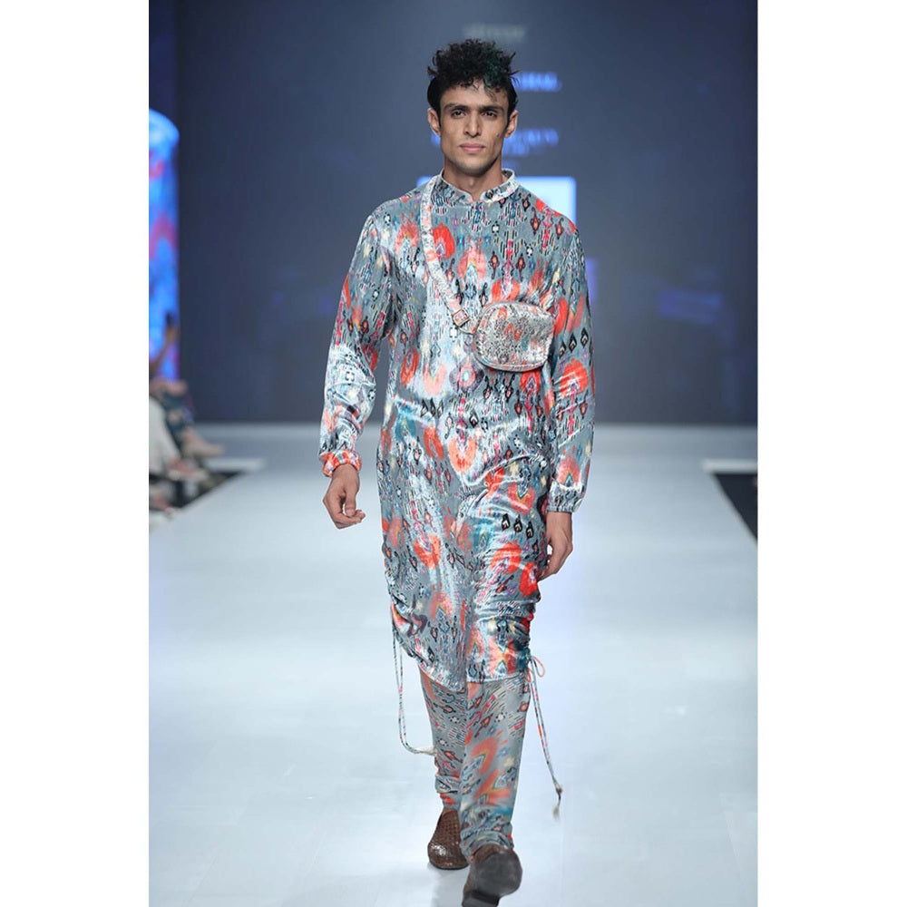 PS Men by Payal Singhal Aziz Blue Printed Velvet Kurta and Silkmul Churidar - Set of 2