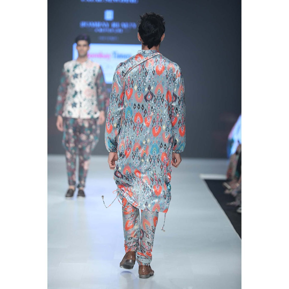 PS Men by Payal Singhal Aziz Blue Printed Velvet Kurta and Silkmul Churidar - Set of 2