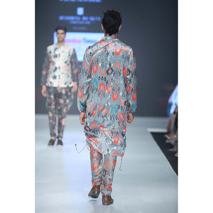 PS Men by Payal Singhal Aziz Blue Printed Velvet Kurta and Silkmul Churidar - Set of 2