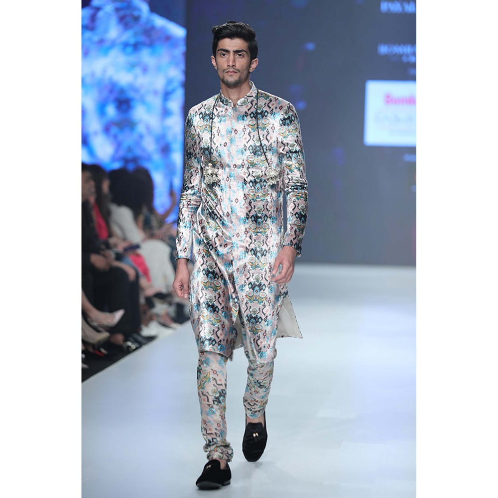 PS Men by Payal Singhal Azam Pink Printed Sherwani with Churidar - Set of 2