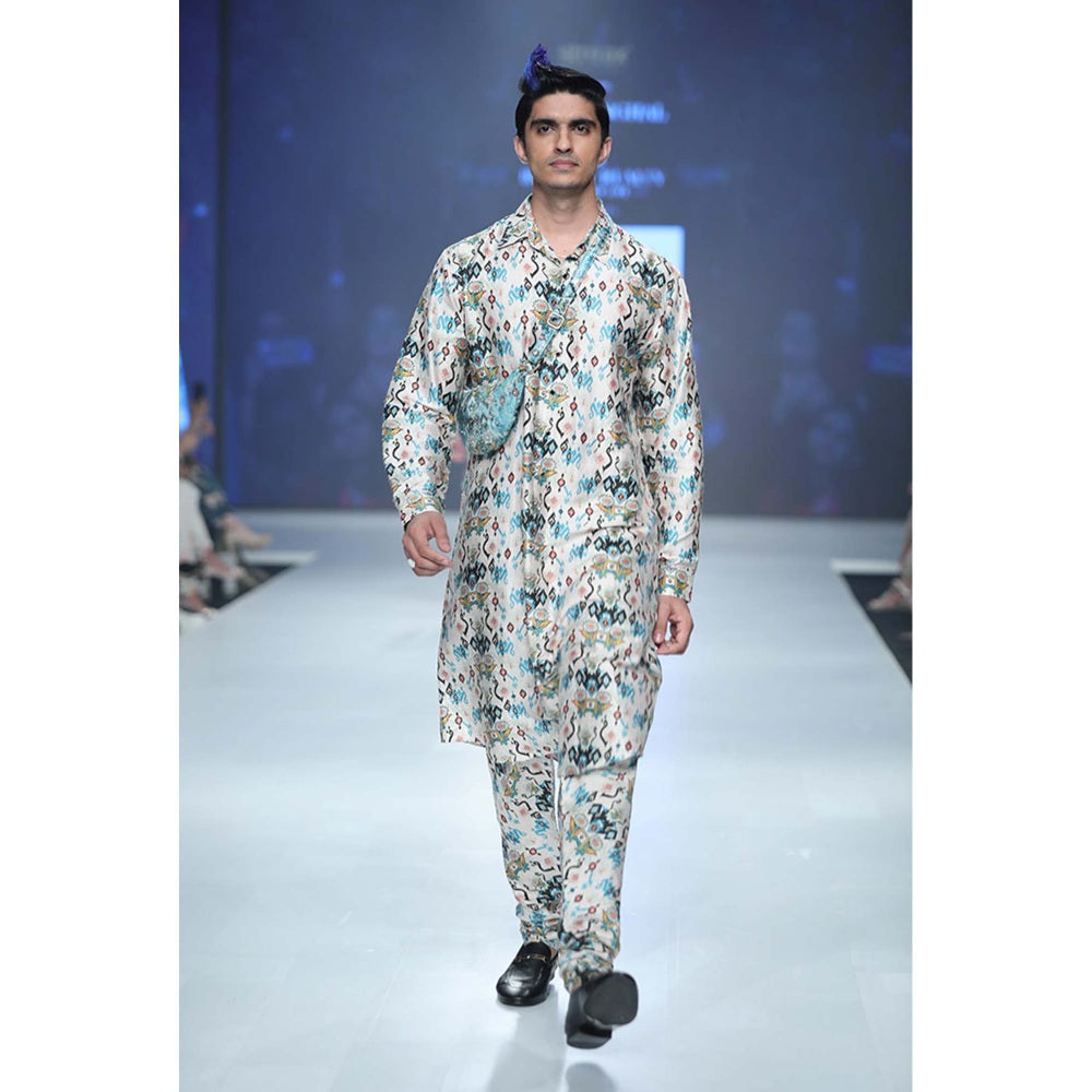 PS Men by Payal Singhal Mahir Whited Printed Kurta and Churidar - Set of 2