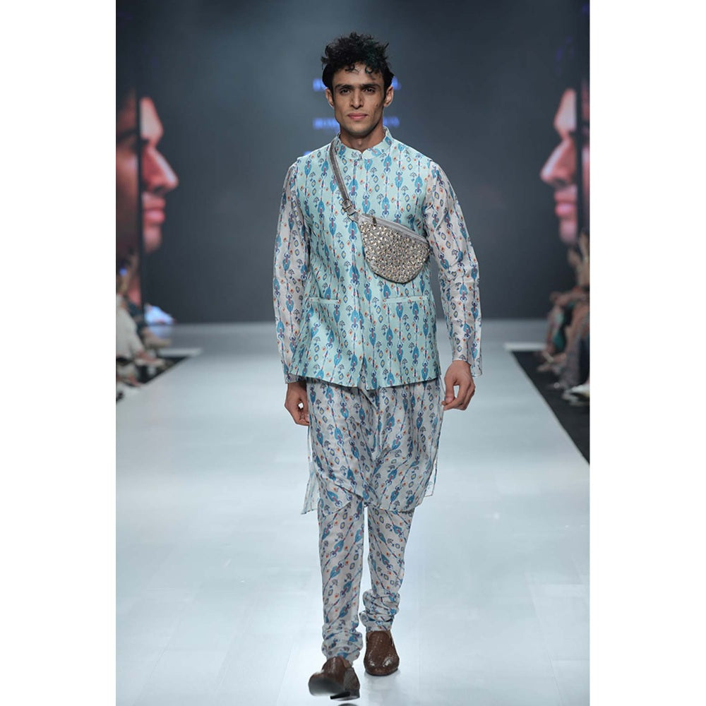 PS Men by Payal Singhal Zaffar Blue Bandi with White Kurta & Churidar-Set of 3
