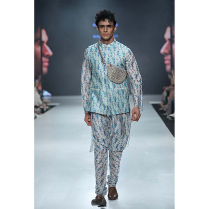 PS Men by Payal Singhal Zaffar Blue Bandi with White Kurta & Churidar-Set of 3