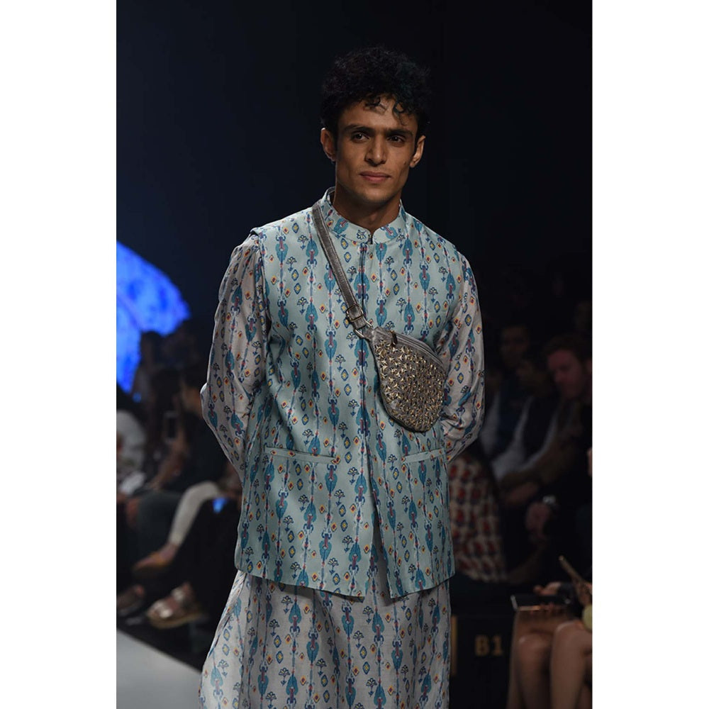 PS Men by Payal Singhal Zaffar Blue Bandi with White Kurta & Churidar-Set of 3