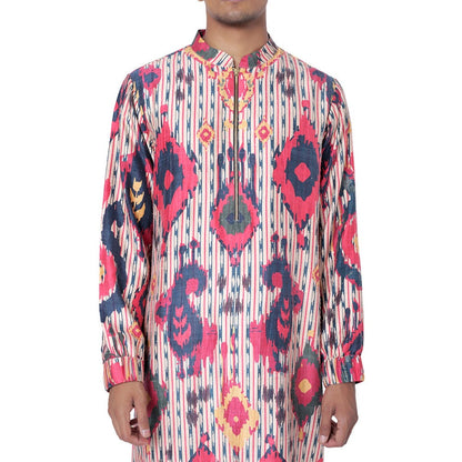 PS Men by Payal Singhal Red Bomber Kurta with Off White Churidar - Set of 2