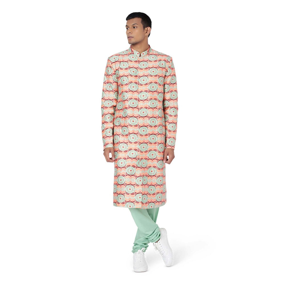 PS Men by Payal Singhal Coral Sherwani and Mint Churidar - Set of 2