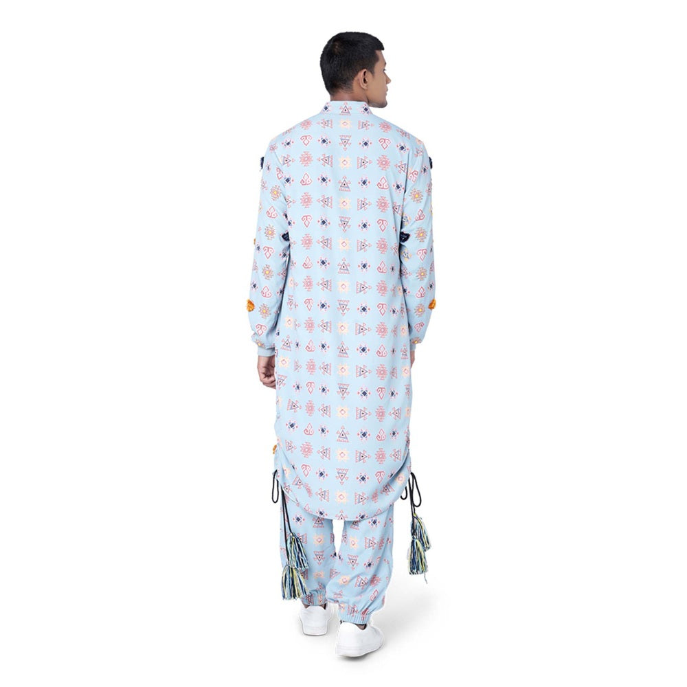 PS Men by Payal Singhal Blue Colour Printed Art Crepe Kurta with Jogger Pant - Set of 2