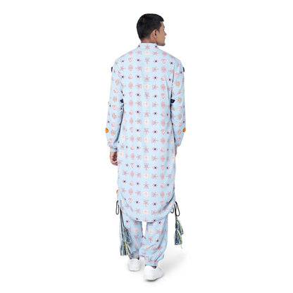 PS Men by Payal Singhal Blue Colour Printed Art Crepe Kurta with Jogger Pant - Set of 2