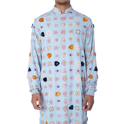 PS Men by Payal Singhal Blue Colour Printed Art Crepe Kurta with Jogger Pant - Set of 2