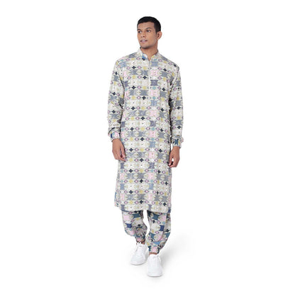 PS Men by Payal Singhal Green Colour Printed Cotton Rayon Kurta with Jogger Pant - Set of 2