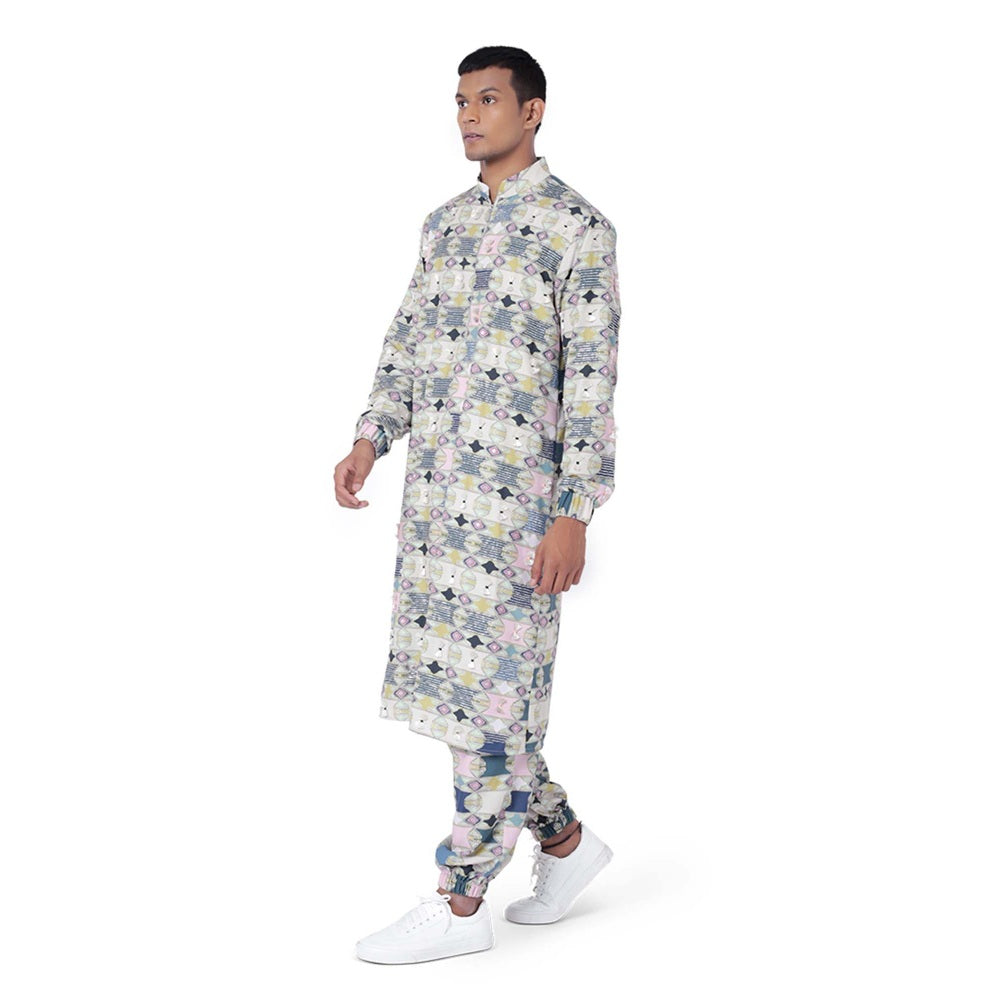 PS Men by Payal Singhal Green Colour Printed Cotton Rayon Kurta with Jogger Pant - Set of 2