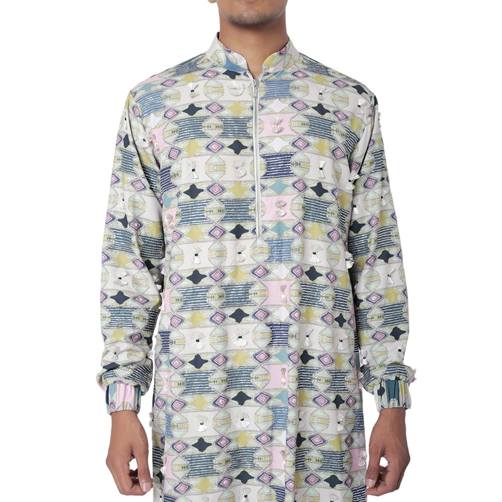 PS Men by Payal Singhal Green Colour Printed Cotton Rayon Kurta with Jogger Pant - Set of 2