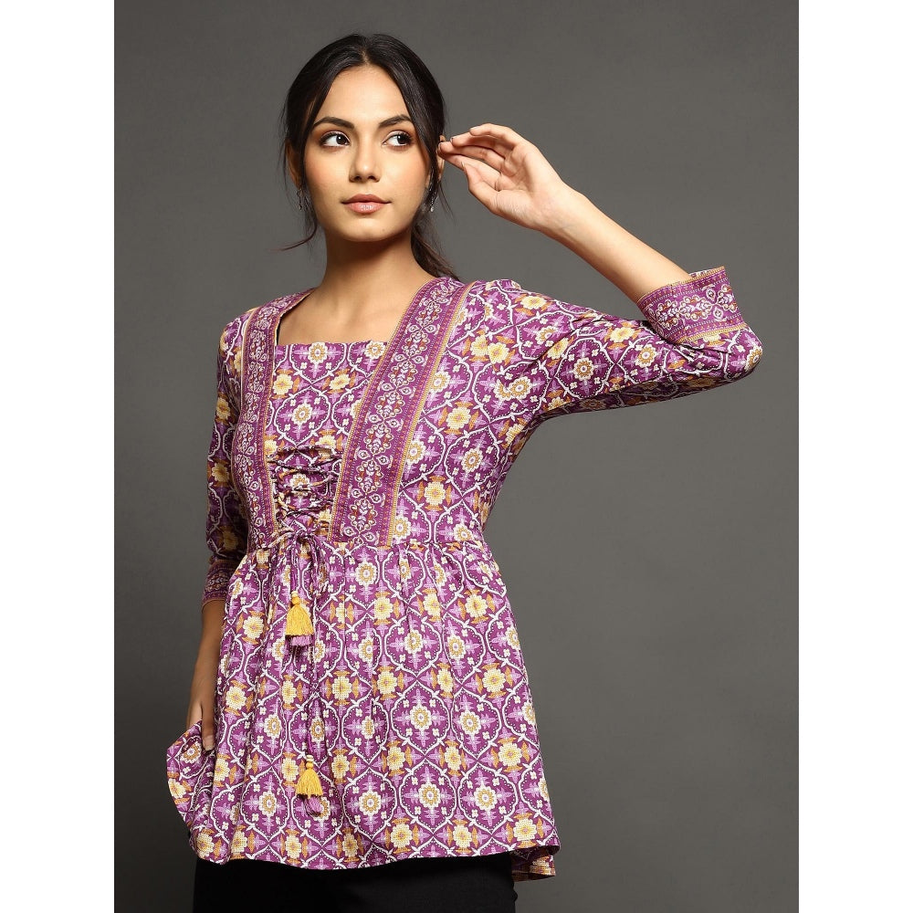 QOMN Purple Printed Top With Gathers And Tie Up Detail
