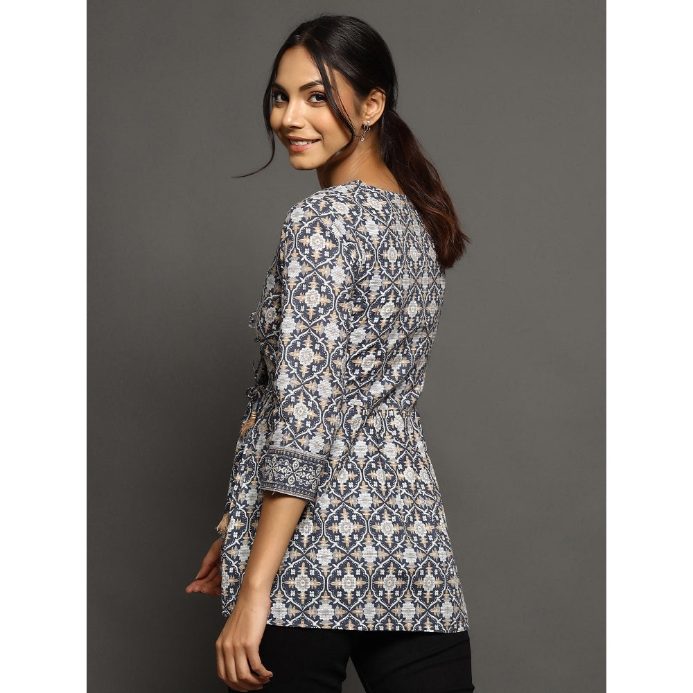 QOMN Navy Blue Printed Top With Gathers And Tie Up Detail