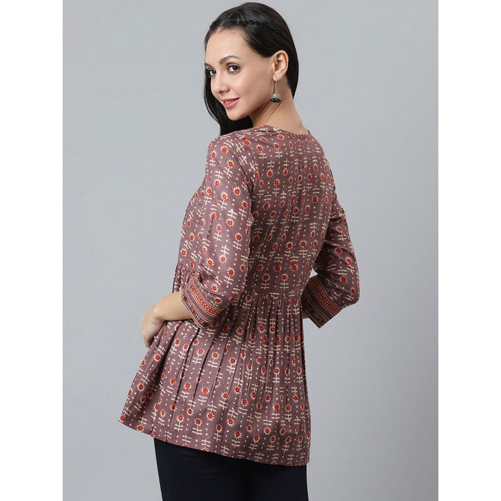 QOMN Rust Printed Top With Gathers And Tie Up Detail
