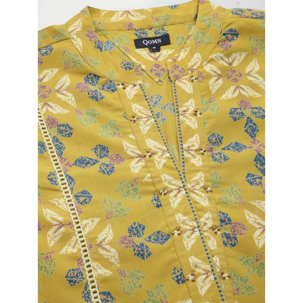QOMN Mustard Floral Print Lace Insert Cotton Top