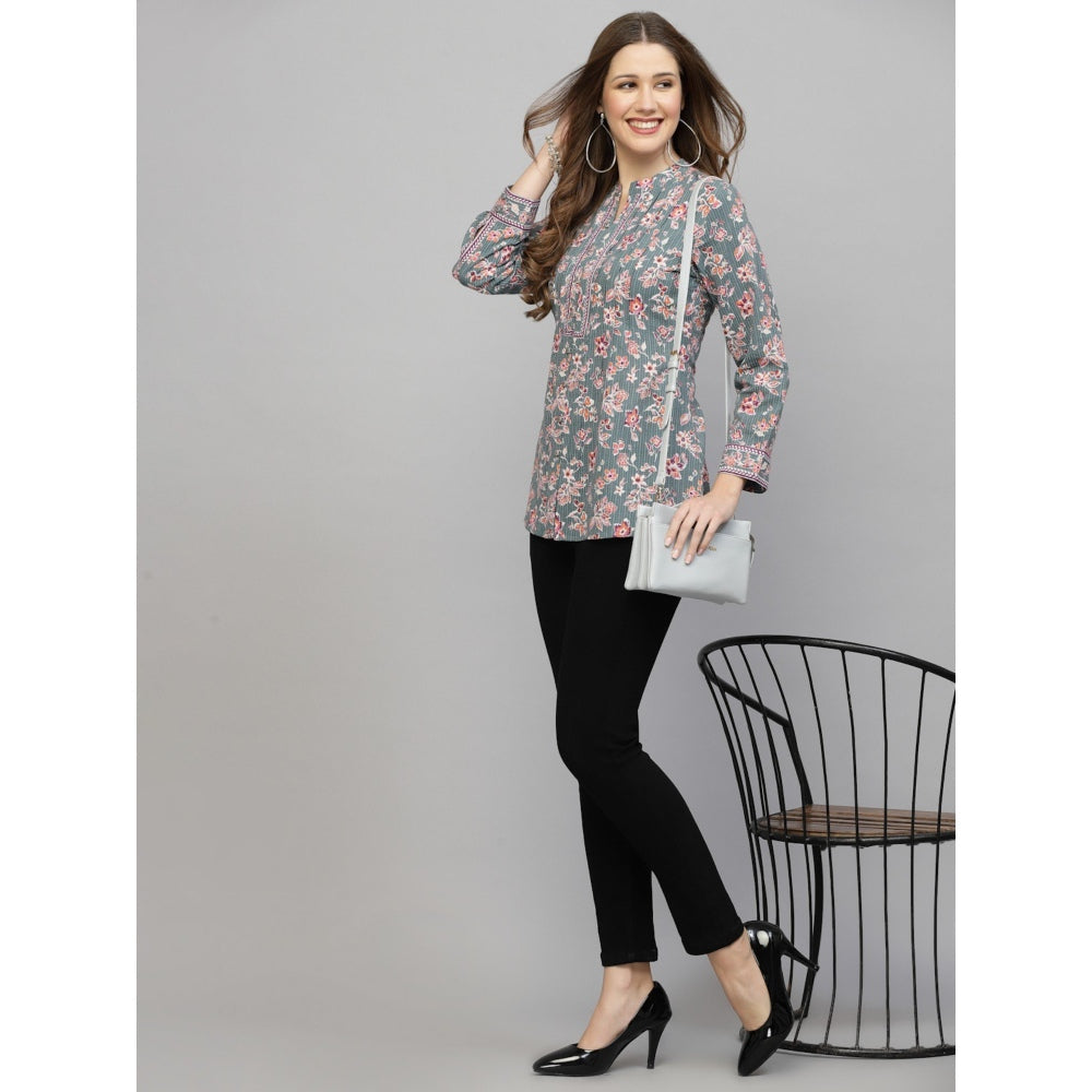 QOMN Grey Floral Printed Shirt Style Top