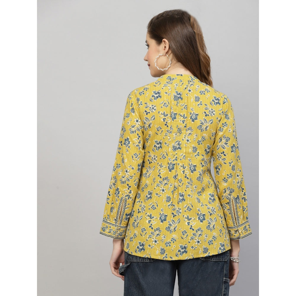 QOMN Yellow Floral Printed Shirt Style Top