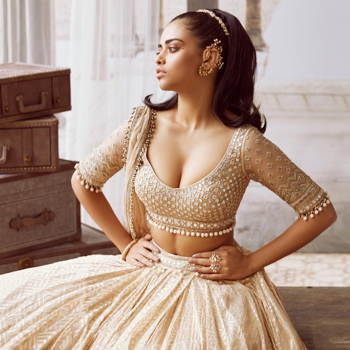 Marquise Mirror Cluster Gold Open Ring - Isharya | Modern Indian Jewelry