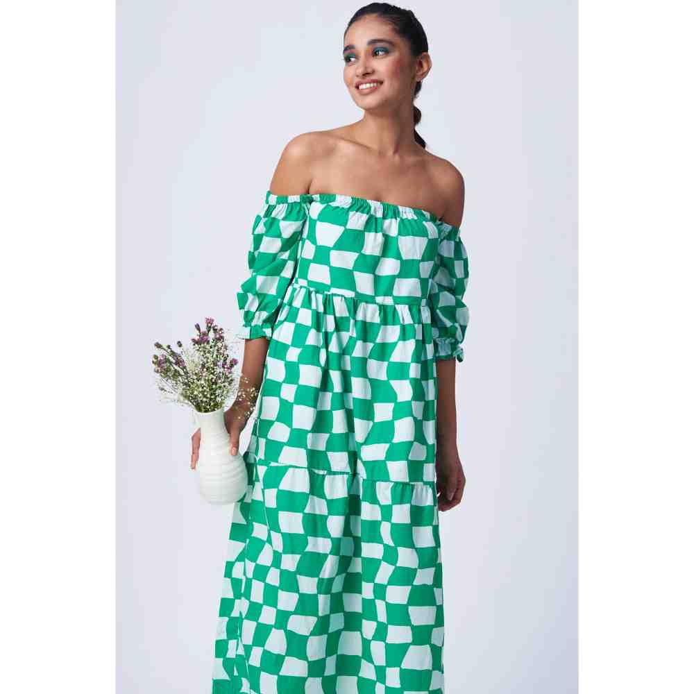 RadhaRaman Green Summer &The City Off Shoulder Midi Dress