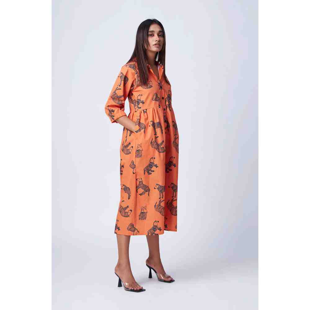 RadhaRaman Orange Lady Zebra Midi Dress