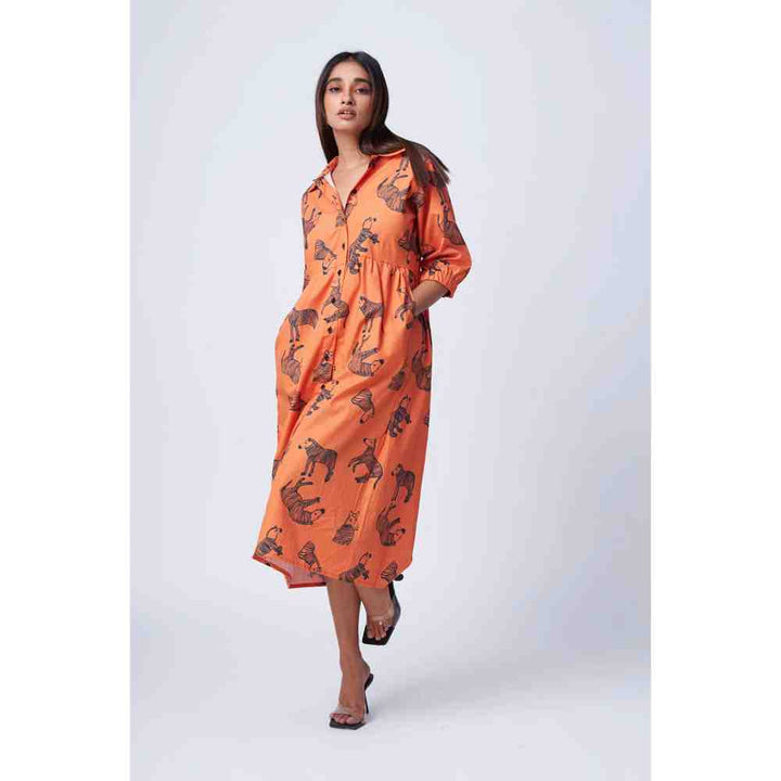 RadhaRaman Orange Lady Zebra Midi Dress